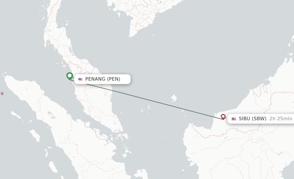 Flights from Penang to Sibu route map