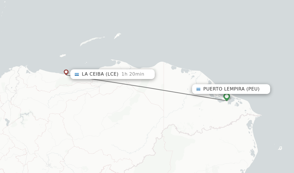 Flights from La Ceiba to Puerto Lempira route map