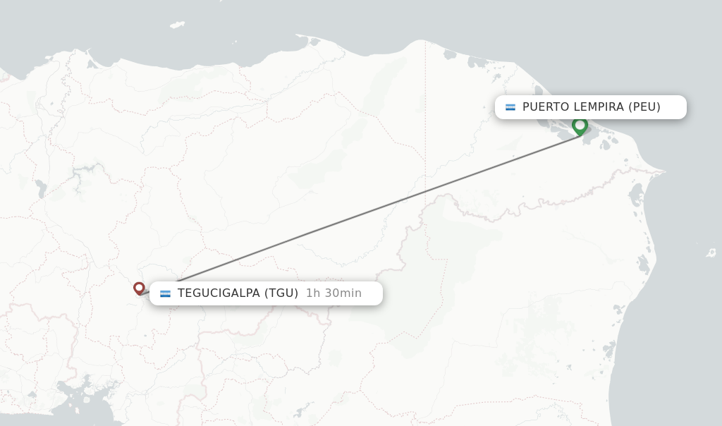 Flights from Tegucigalpa to Puerto Lempira route map