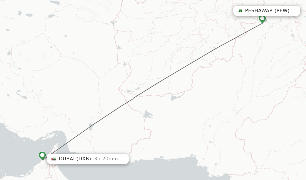 Flights from Peshawar to Dubai route map