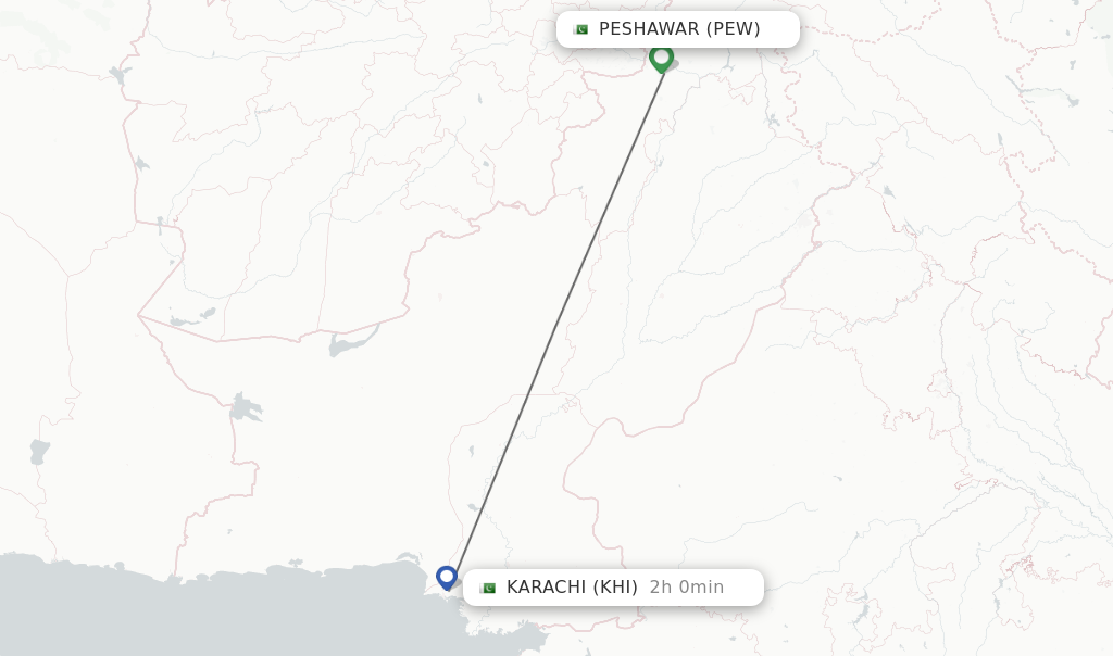 Flights from Peshawar to Karachi route map