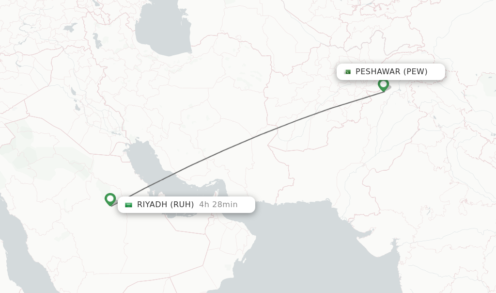 Flights from Peshawar to Riyadh route map