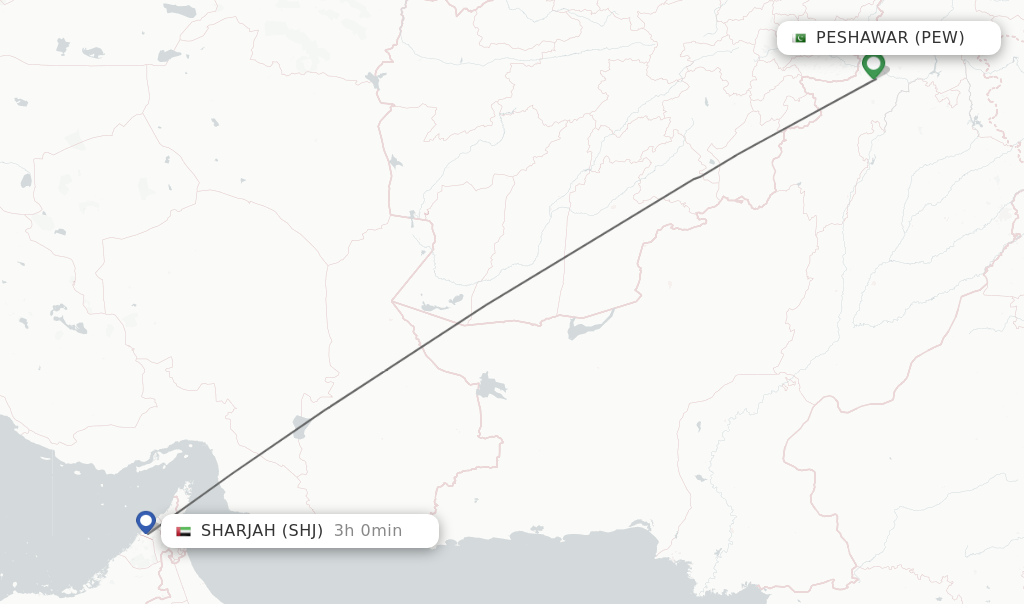 Flights from Peshawar to Sharjah route map