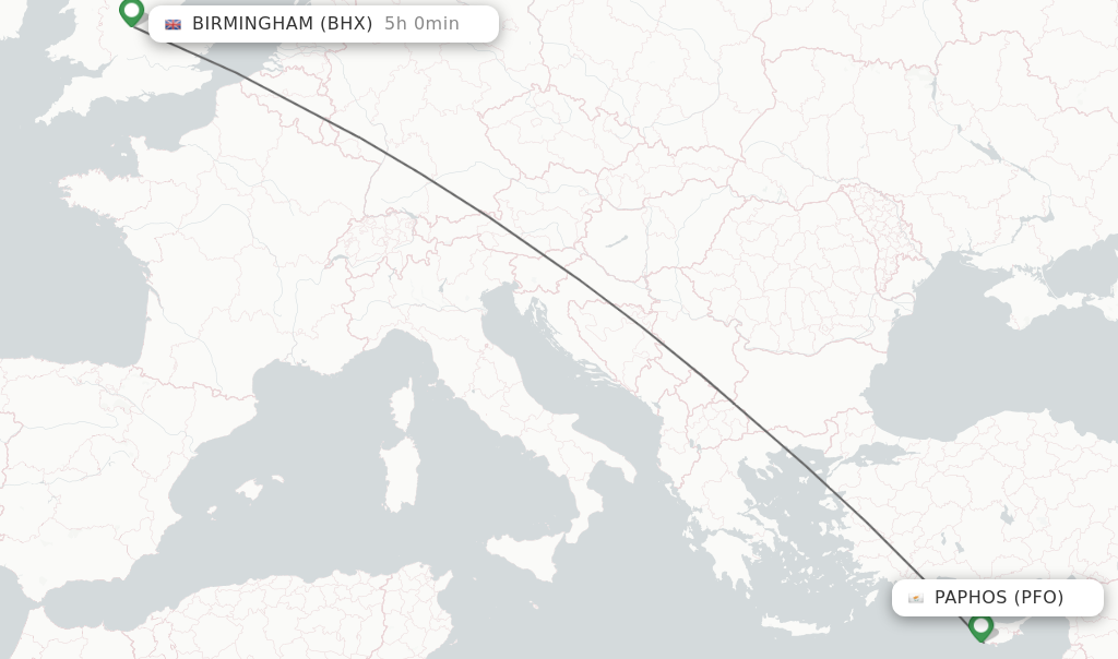 Flights from Paphos to Birmingham route map