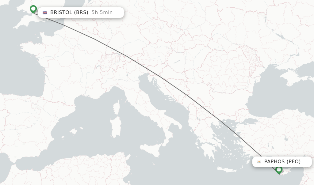 Flights from Paphos to Bristol route map