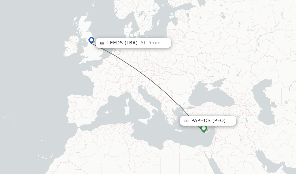 Flights from Paphos to Leeds route map
