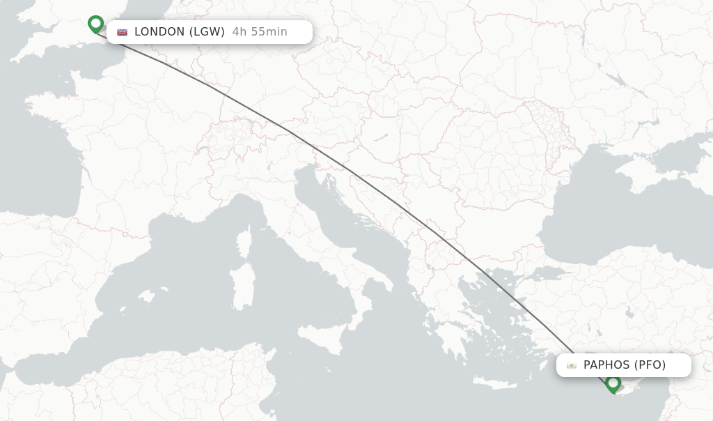 Flights from Paphos to London route map
