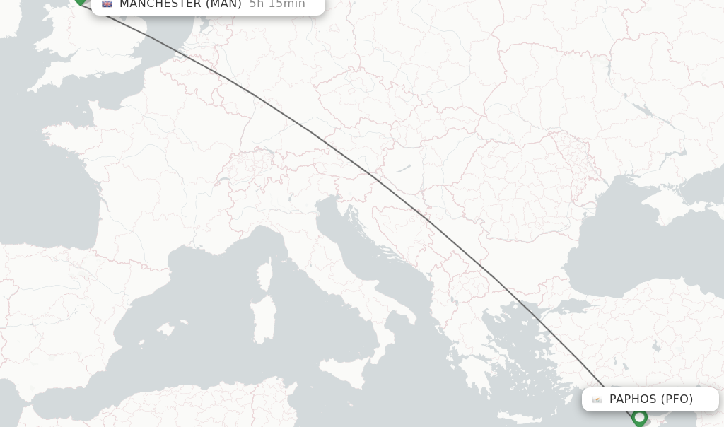 Flights from Paphos to Manchester route map