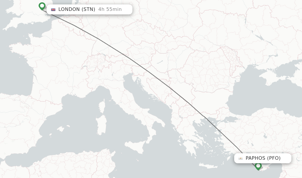 Flights from Paphos to London route map