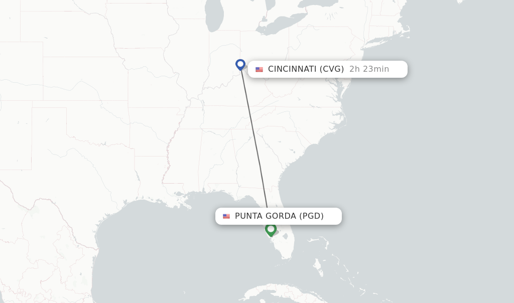 Flights from Punta Gorda to Cincinnati route map