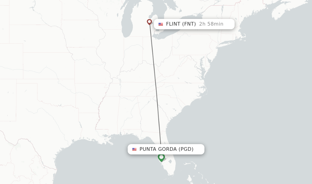 Flights from Punta Gorda to Flint route map