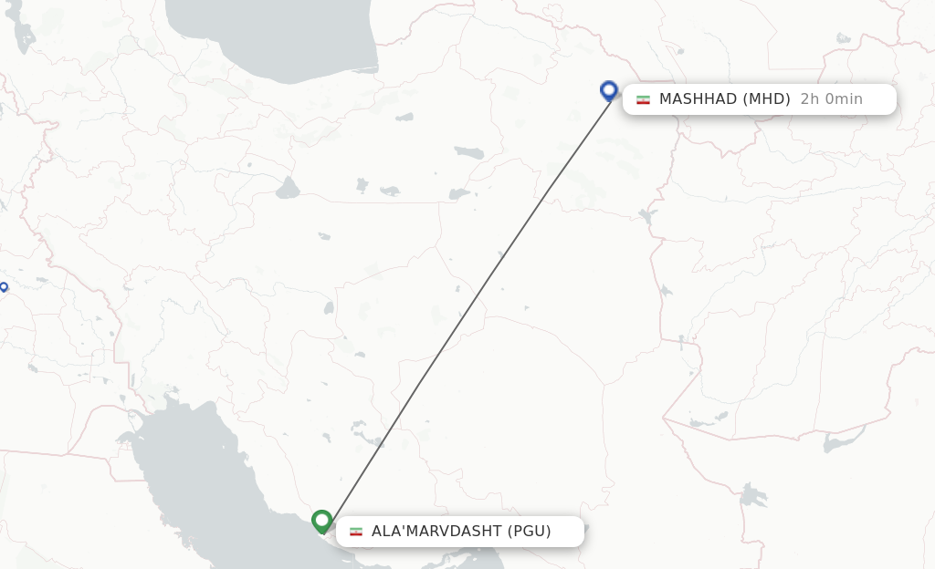 Flights from Mashad to Ala'Marvdasht route map