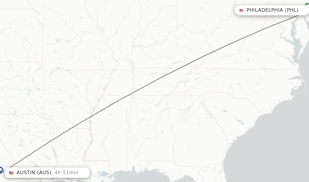 Flights from Philadelphia to Austin route map