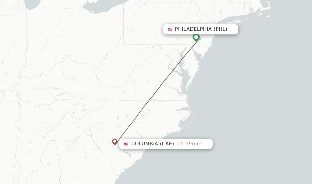 Flights from Philadelphia to Columbia route map