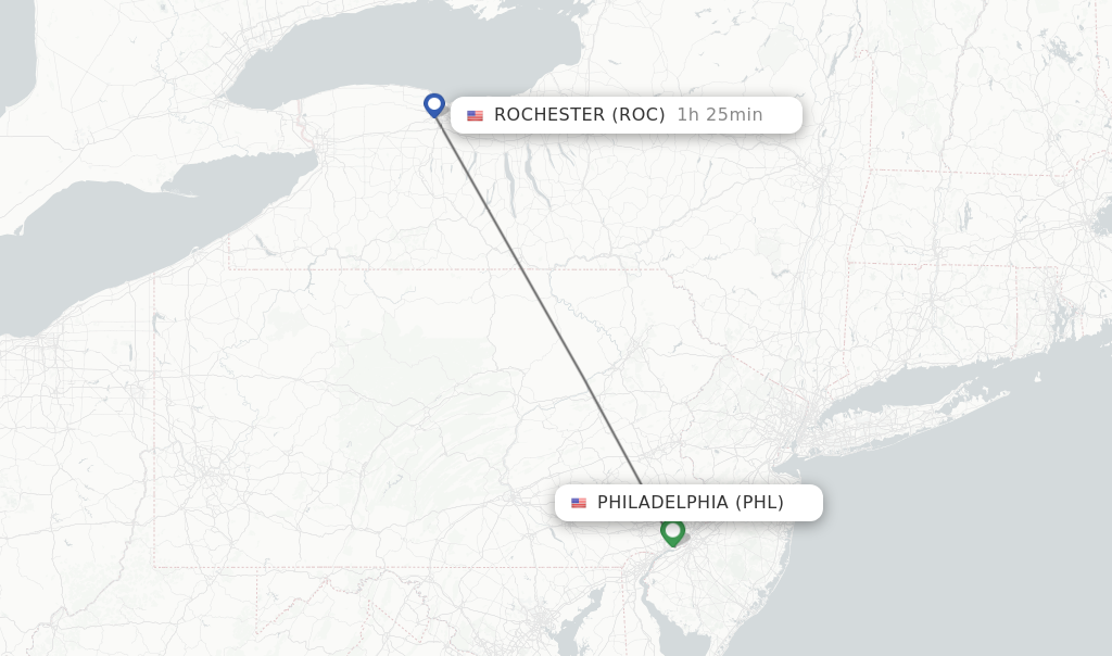 Flights from Philadelphia to Rochester route map