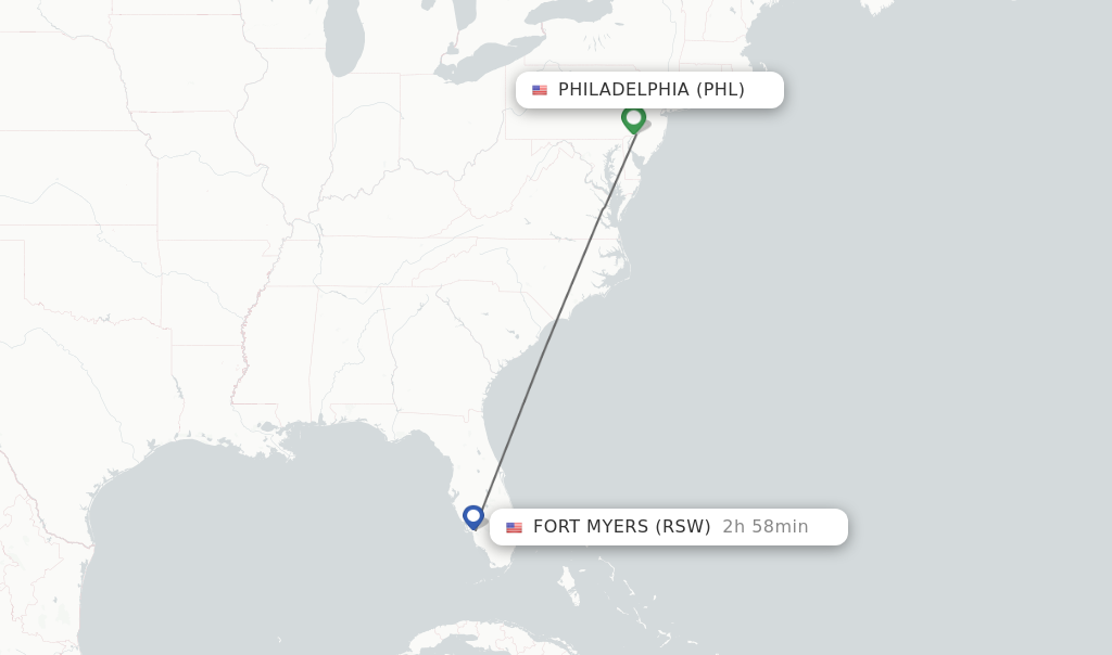 Flights from Philadelphia to Fort Myers route map