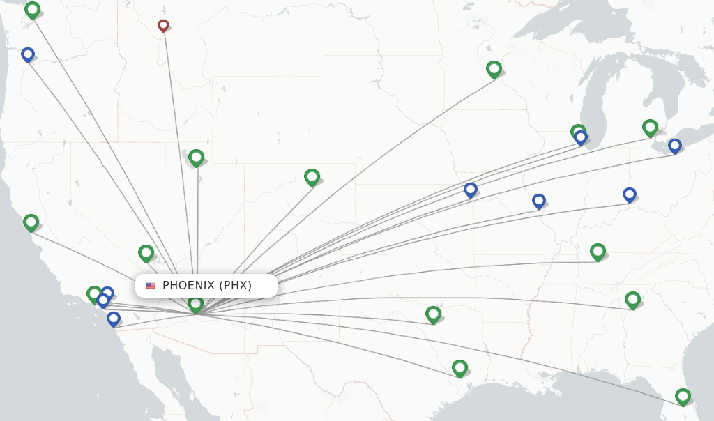 Route map with flights from Phoenix with Frontier