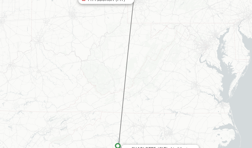 Flights from Pittsburgh to Charlotte route map