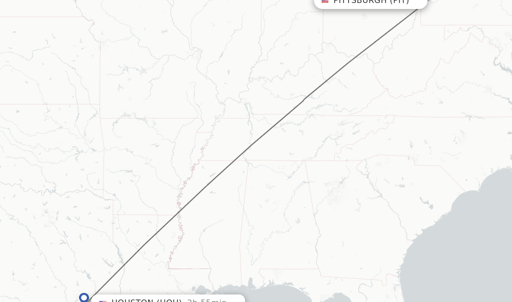 Flights from Pittsburgh to Houston route map