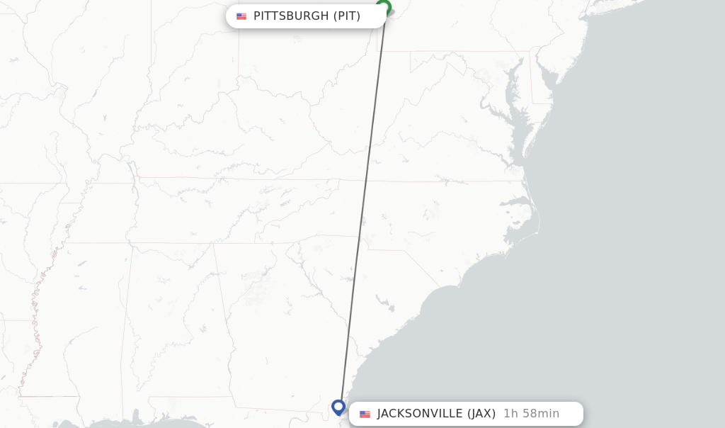 Flights from Pittsburgh to Jacksonville route map