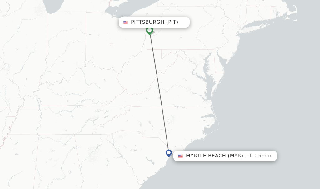 Flights from Pittsburgh to Myrtle Beach route map