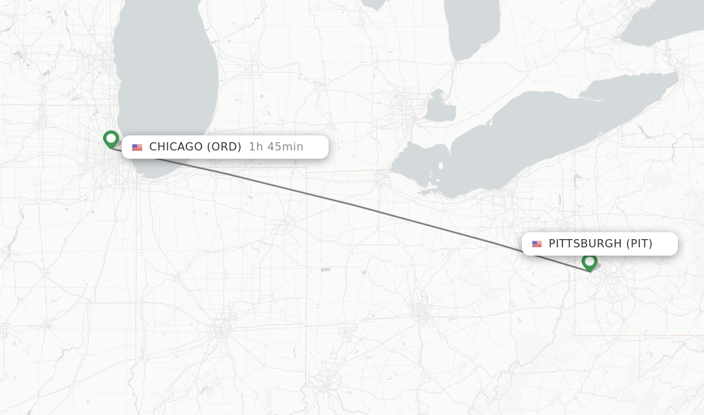 Flights from Pittsburgh to Chicago route map