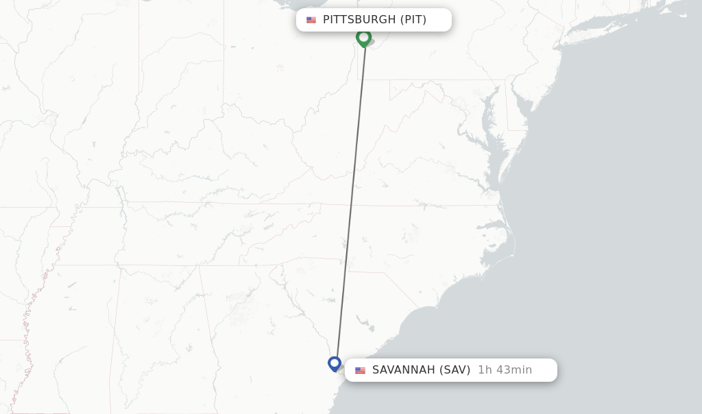 Flights from Pittsburgh to Savannah route map