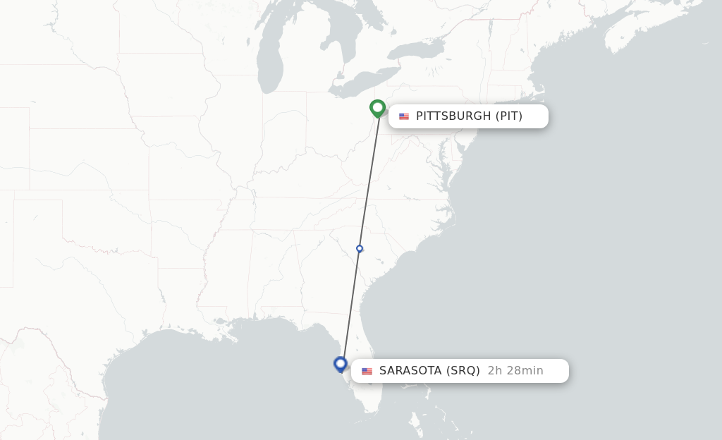 Flights from Pittsburgh to Sarasota route map