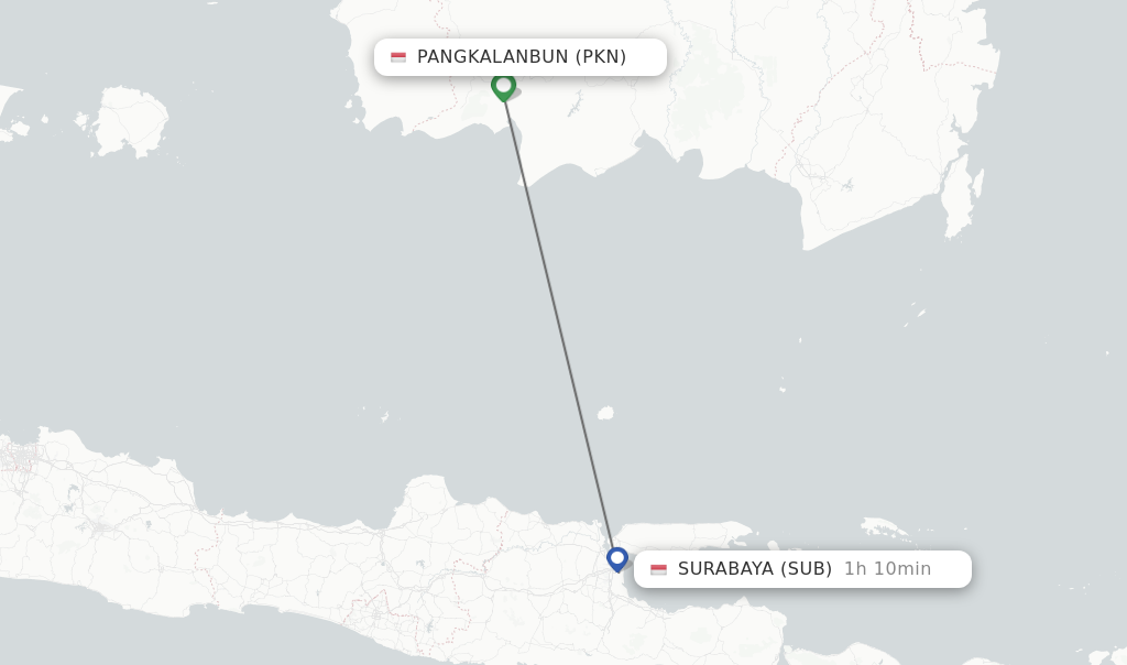 Flights from Pangkalanbun to Surabaya route map