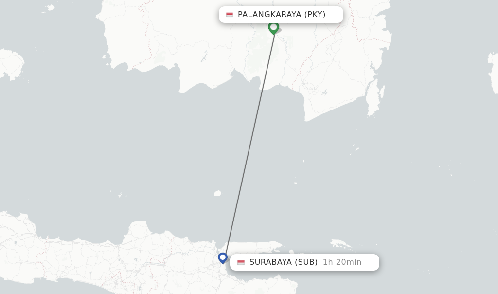 Flights from Palangkaraya to Surabaya route map