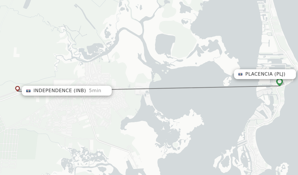 Flights from Placencia to Independence route map