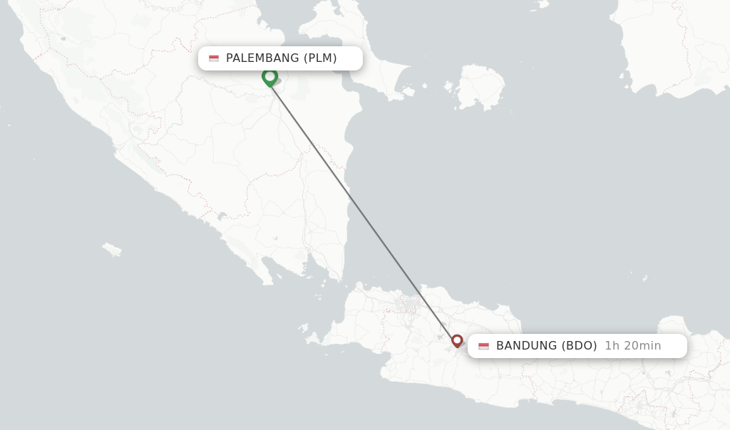 Flights from Palembang to Bandung route map