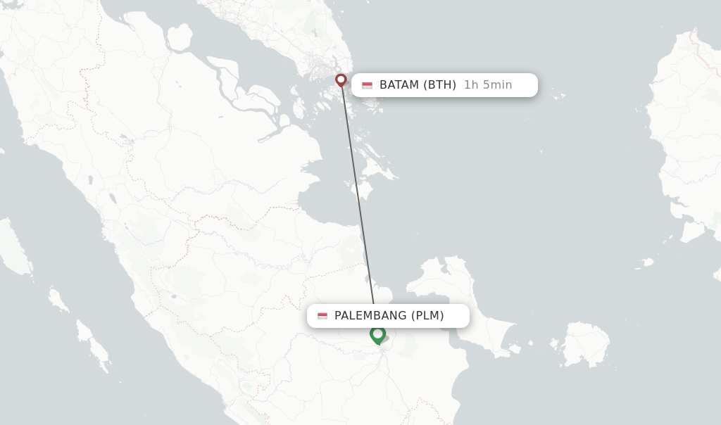 Flights from Palembang to Batam route map