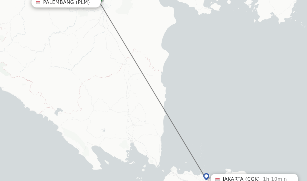 Flights from Palembang to Jakarta route map