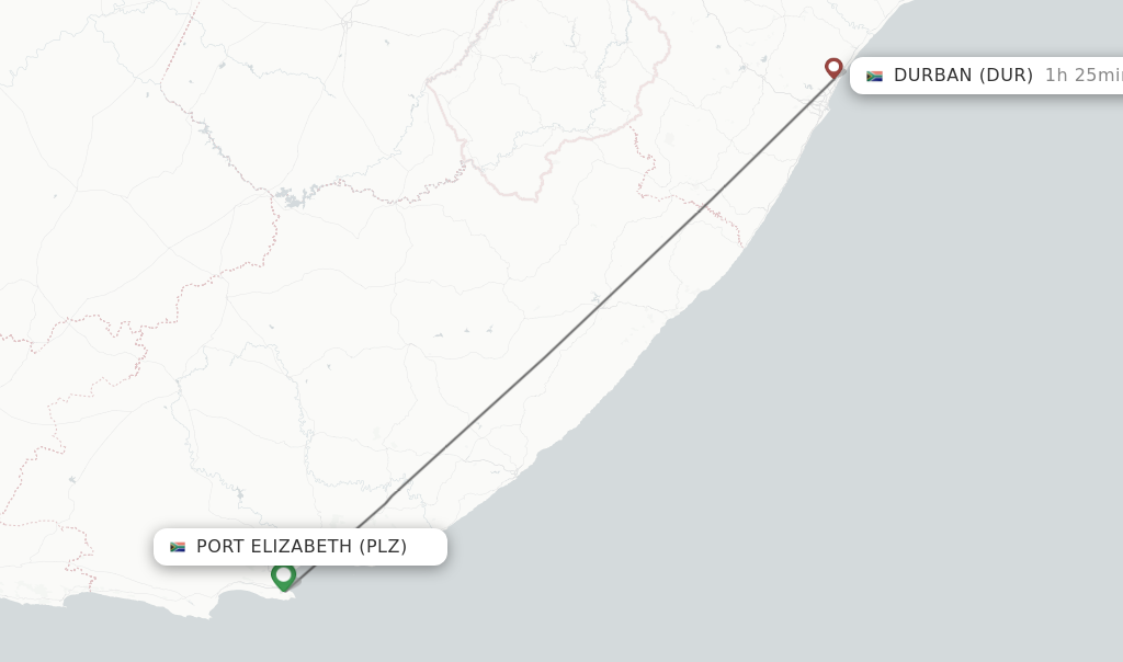 Flights from Port Elizabeth to Durban route map