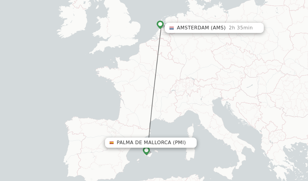 Flights from Palma de Mallorca to Amsterdam route map
