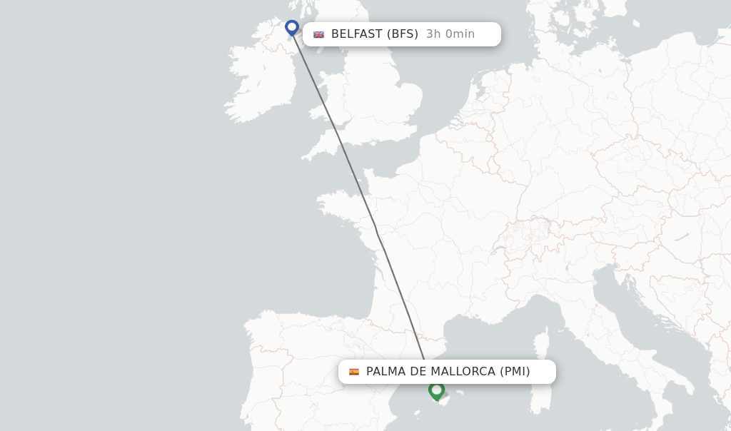 Flights from Palma de Mallorca to Belfast route map