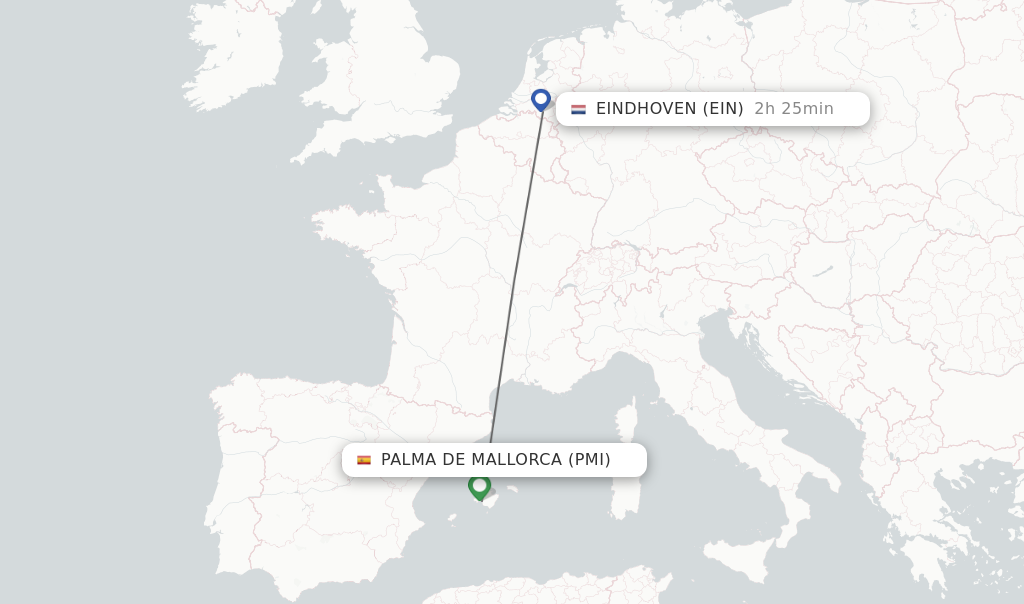 Flights from Palma de Mallorca to Eindhoven route map