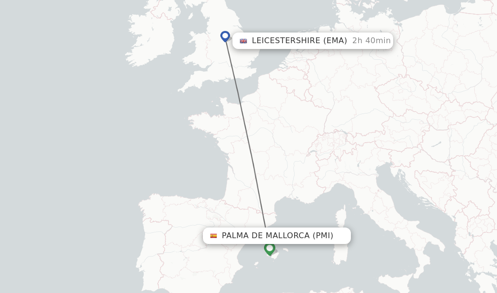 Flights from Palma de Mallorca to Leicestershire route map
