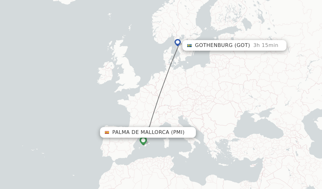 Flights from Palma de Mallorca to Gothenburg route map