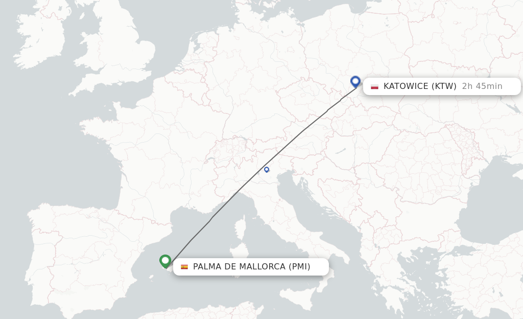 Flights from Palma de Mallorca to Katowice route map