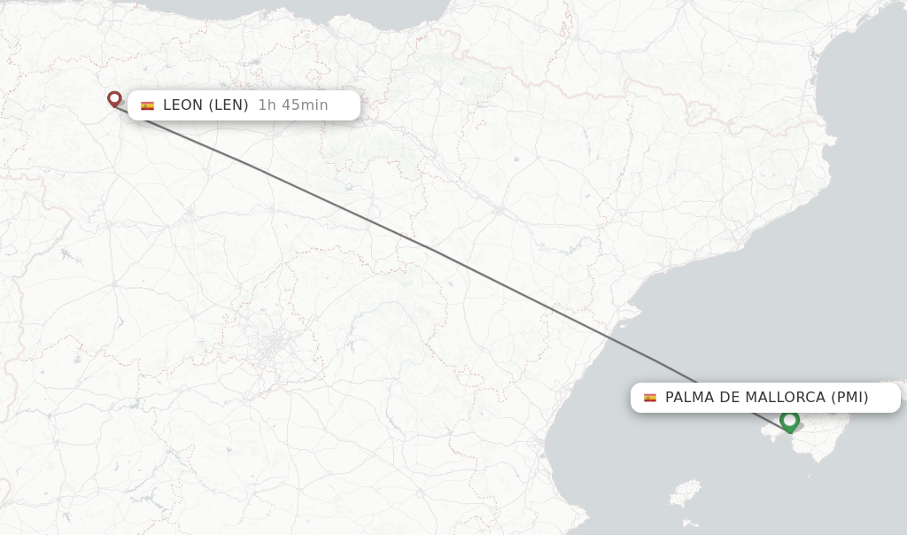Flights from Palma de Mallorca to Leon route map