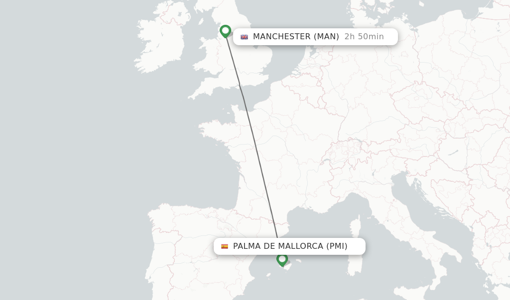 Flights from Palma de Mallorca to Manchester route map