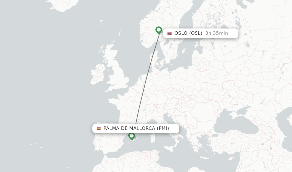 Flights from Palma de Mallorca to Oslo route map