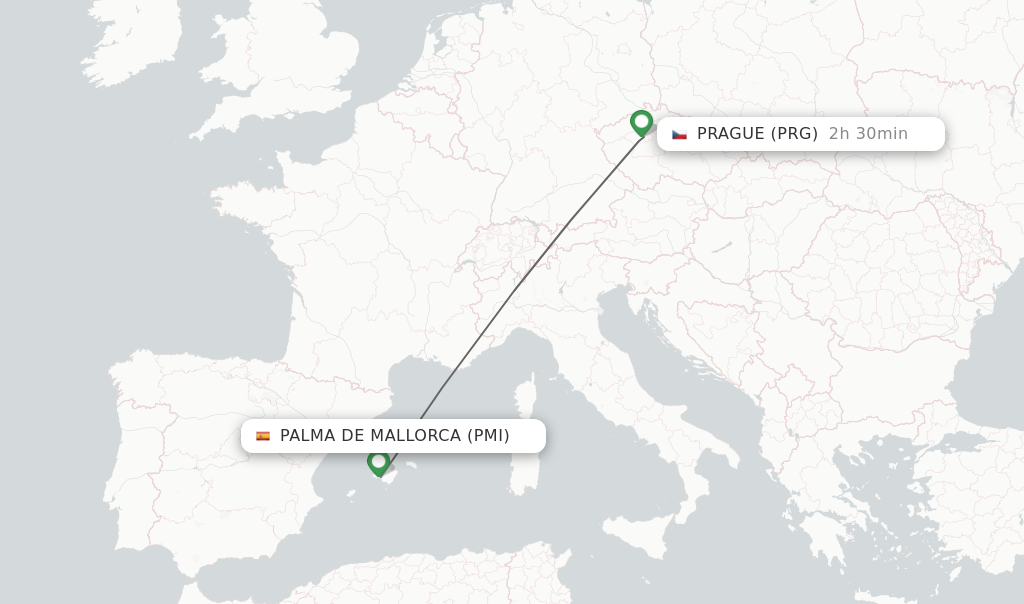 Flights from Palma de Mallorca to Prague route map