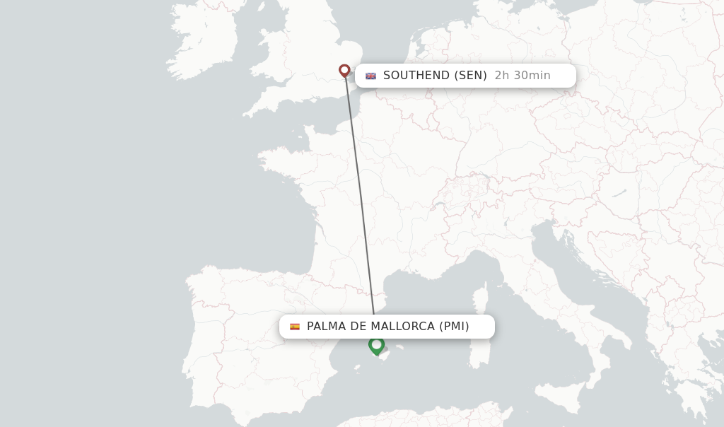 Flights from Palma de Mallorca to Southend route map