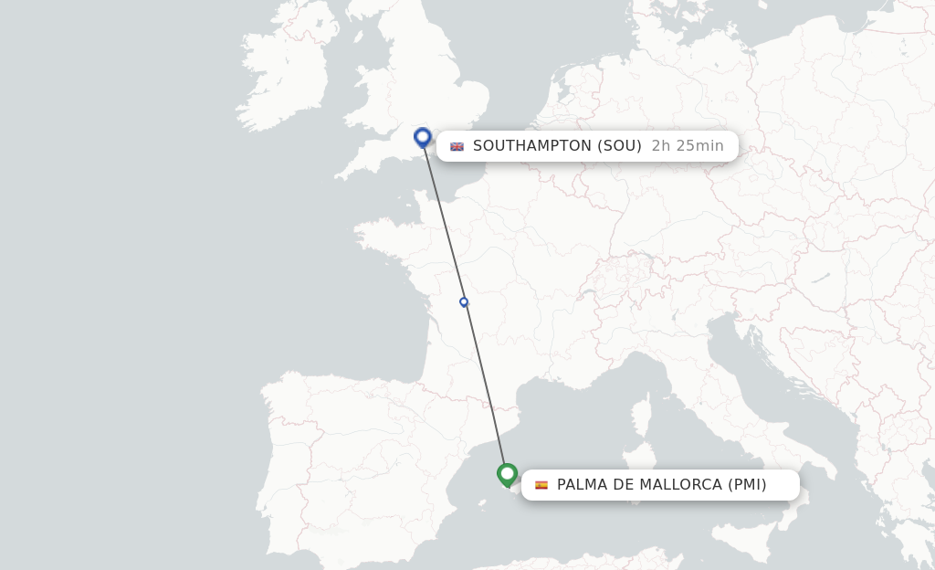Flights from Palma de Mallorca to Southampton route map