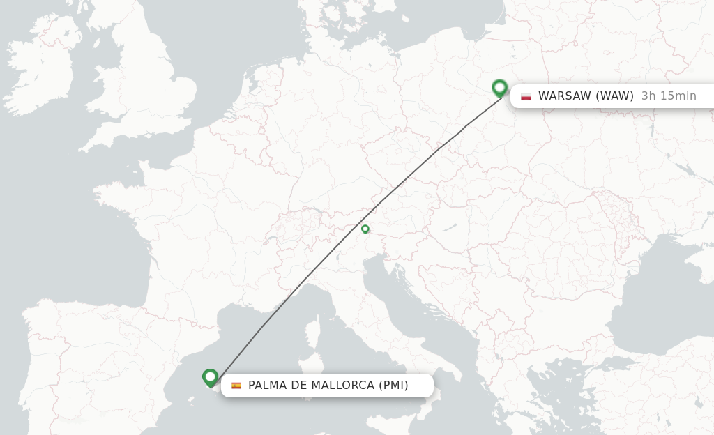 Flights from Palma de Mallorca to Warsaw route map