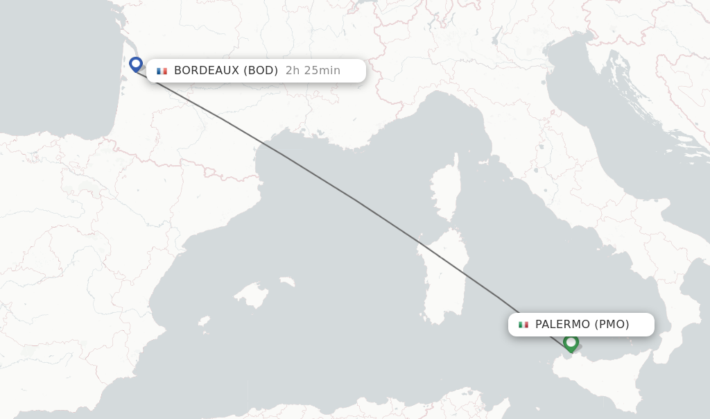 Flights from Palermo to Bordeaux route map