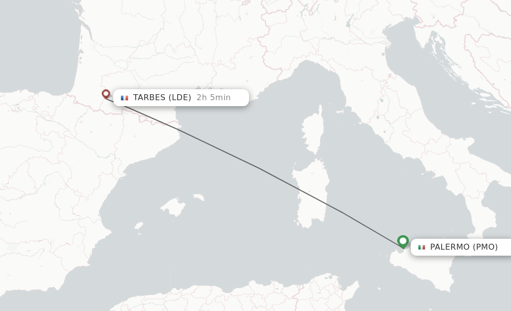 Flights from Palermo to Lourdes route map